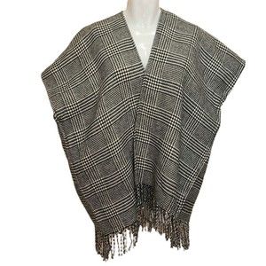 Loft Womens Poncho Wrap Women's XS/S Houndstooth Black White Fringe Cozy Cape